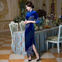 Формальные китайское традиционное платье современные Qipao длинные ежедневно бархат Cheongsam осень-зима Vestido Oriental Стиль Платья для женщин синий