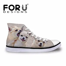 FORUDESIGNS Lucu Chihuahua Dicetak Wanita Tinggi Top Sepatu Vulkanisir 3D Hewan Perempuan Lace-up Kanvas Sepatu wanita Sneakers sepatu