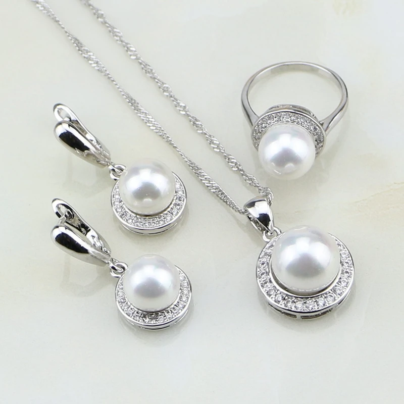 Круглые 925 серебряные ювелирные изделия, белый искусственный жемчуг, кубический цирконий, комплект ювелирных изделий, серьги/Кольцо/Подвеска/ожерелье, цепочка, подарок для женщин
