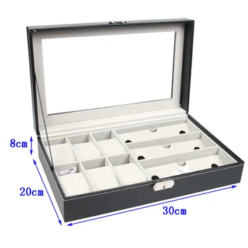 

2 In One 6 Grids+3 Grid PU Leather Watch Case Storage Organizer Box Fashion Sunglasses Display Watch Boxes Black Color 33*20*8cm