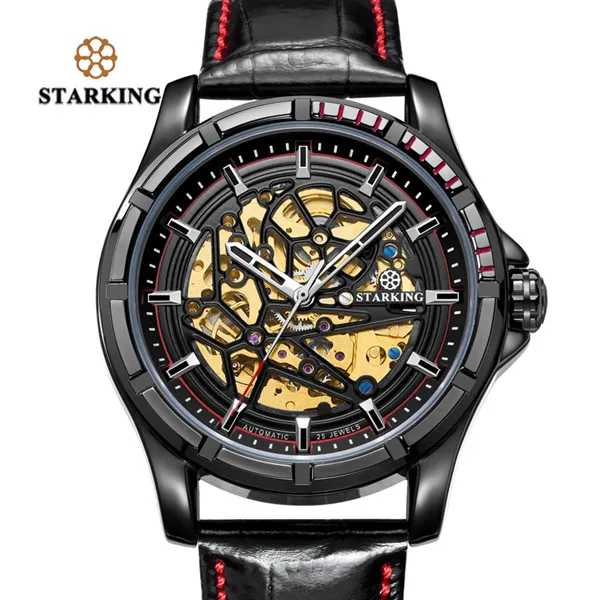STARKING/мужские прозрачные часы 28800, высокие часы, мужские наручные часы, кожаные Relogios Automaticos Mecanic TM0271 - Цвет: Черный