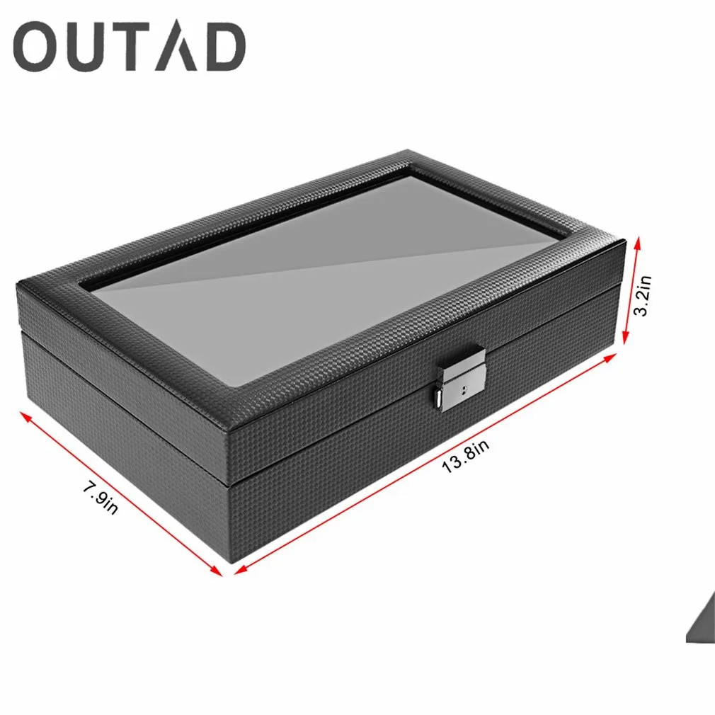 OUTAD Из Искусственной Кожи 12 Слотов Углеродного Волокна Дизайн Дисплей Часовая Коробка Для Хранения Держатель Моталки Черные Высокие-Класс Коробки Шкатулка Упаковка Для Украшений Пианино Пакет Футляр Часов Роскошная