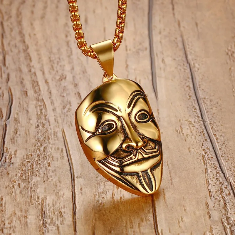 

Mprainbow Mens Necklaces Stainless Steel V For Vendetta Mask Pendant Necklace Gold Tone Fashion Jewelry For Women or Men Collier