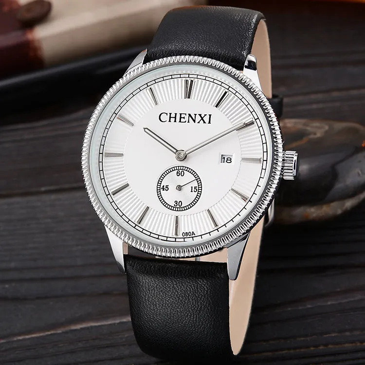 

High Quality CHENXI Dual Dial Backlight Leather Quartz Wristwatches Wrist Watch for Men Male /w Calendar Black 080A