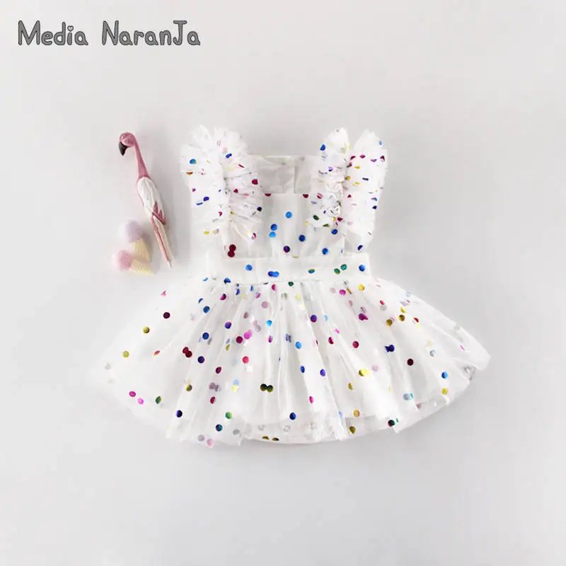 

INS Europe American type summer girl baby birthday polka dot printing mesh yarn cotton dress style bodysuit