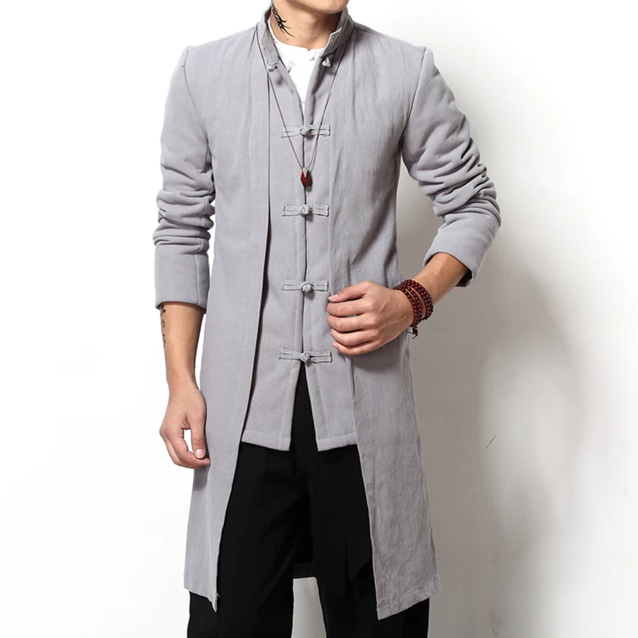 

Men Winter Linen Coat Men Long Trench Coat Fleece Mens parka hombre manteau homme hiver Chinese Linen Style New Plus Size