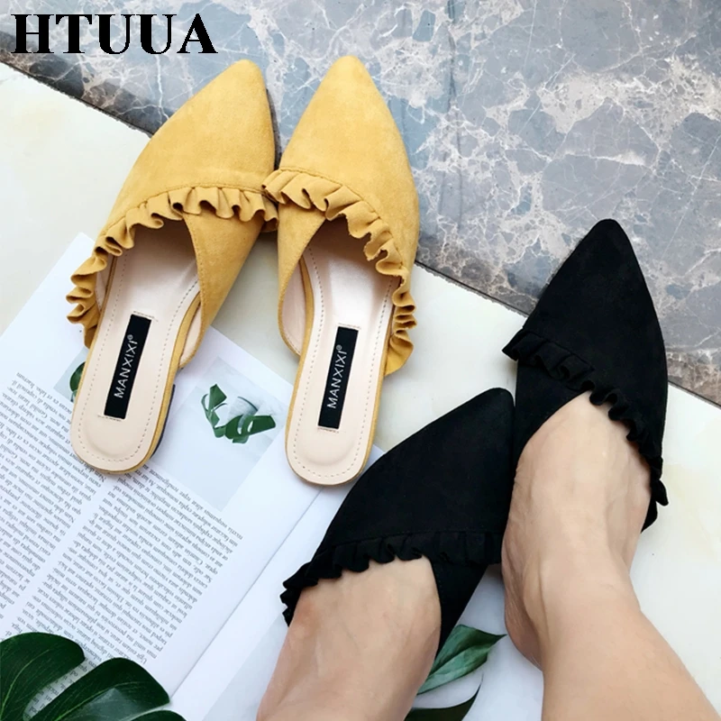 

HTUUA New Fashion Pointed Toe Ruffles Sheepskin Flock Mules Shoes Women Half Slippers Spring Summer Slides Flat Flip Flop SX1951