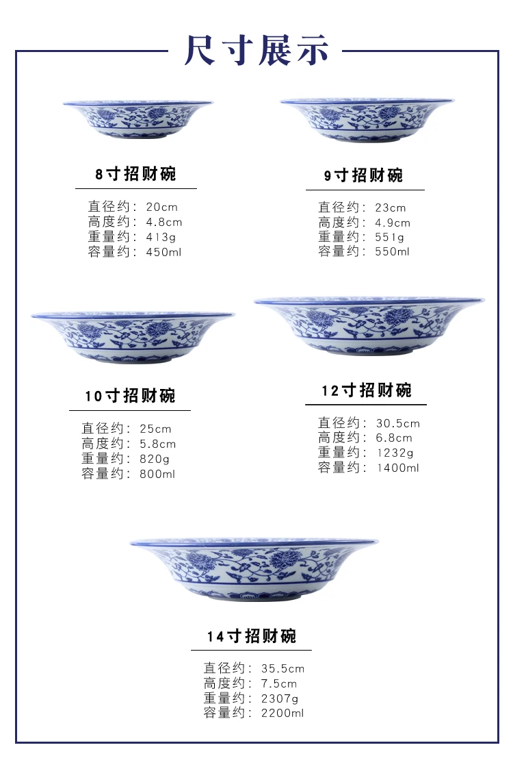 8-14 дюймов китайский синий и белый фарфор керамическая большая чаша Ramen блюдо для фруктов большая салатная миска морепродукты суп посуда для спагетти
