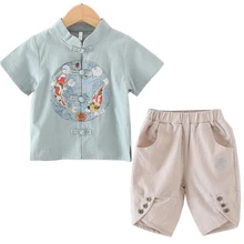 Летняя футболка для мальчиков в китайском стиле+ шорты топы с принтом для девочек, детский хлопковый и льняной костюм в стиле ретро, одежда для От 2 до 10 лет детей