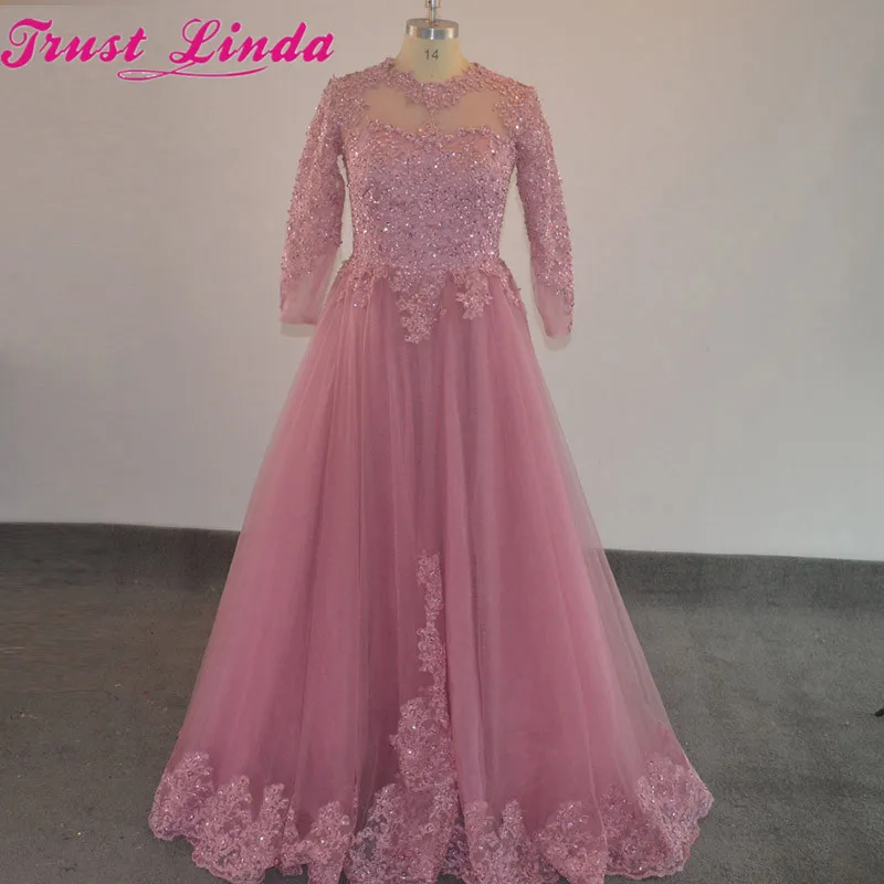 

100% as picture Real Sample Pink Long Lace beading Crystal Mother dresses New High Neck Evening dresses New Style Prom Gowns