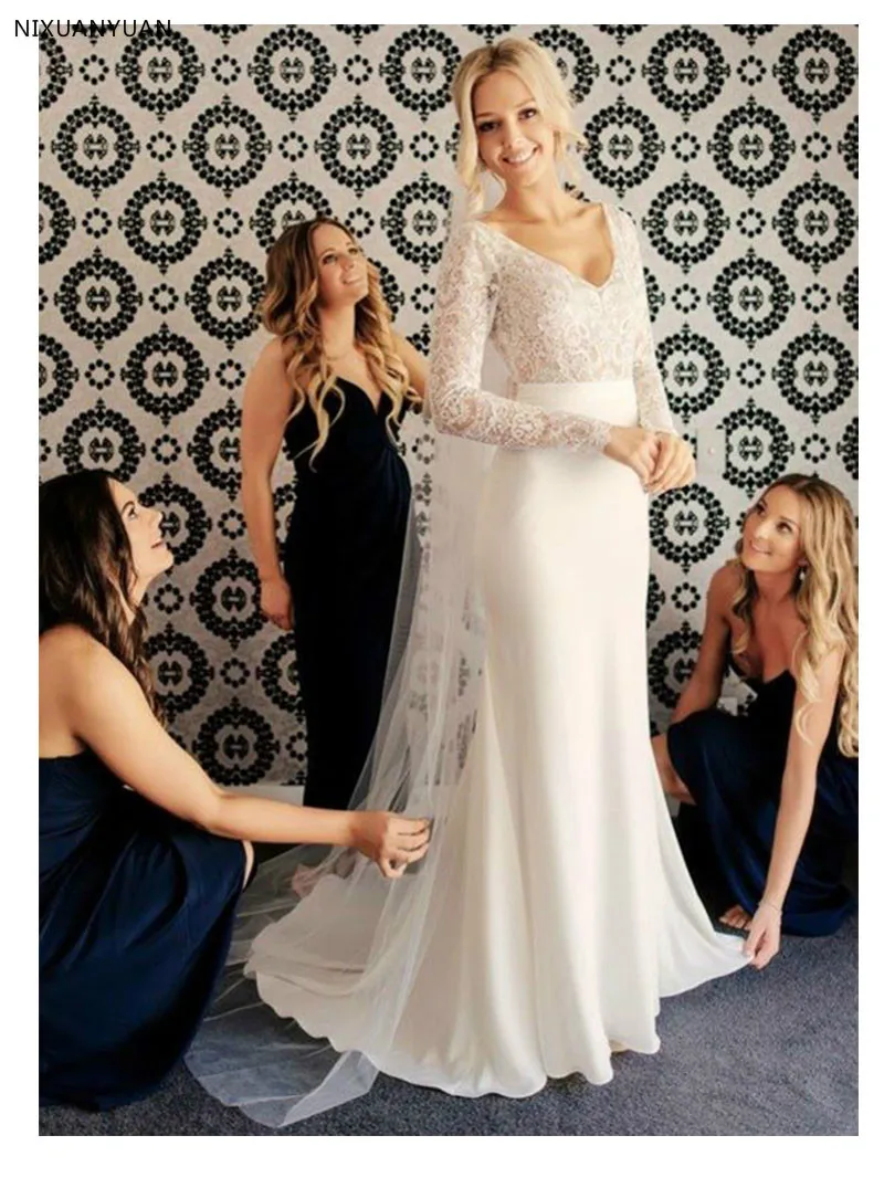 

Mermaid Wedding Dress Long Sleeve Lace Top Appliques V Neck Bride Dress Custom Made Princess Wedding Gown Robe De Mariee