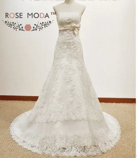 Pearl Beaded Lace A Line Wedding Dress with Bow Corset Back Destination