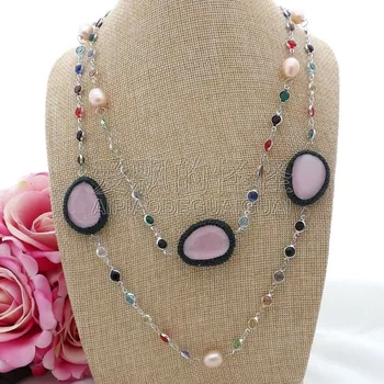 

N071704 45" Pink Cat's-Eye Macarsite Multi Color Crystal Chain Long Necklace