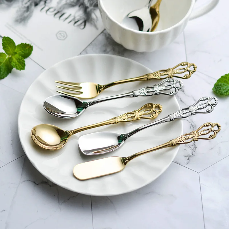 

5pcs/setStainless Steel Vintage Spoon for Coffee Tea Dessert Spoons Set Hollow Handle Gold Cutlery Small Spoon Fork