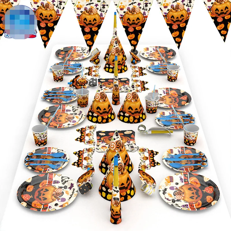

77 pcs New 2019 Halloween Party Decoration Suit Napkin Plate Cup Blowing Dragon Mask Spoon Knife Horn Set For Festival