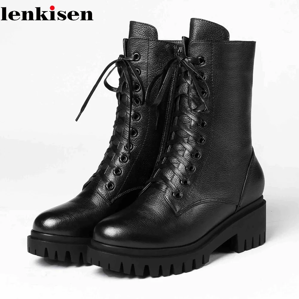 

Lenkisen 2018 genuine leather high heels brand round toe riding mid-calf boots cross-tied lace up rivet fashion punk boots L70