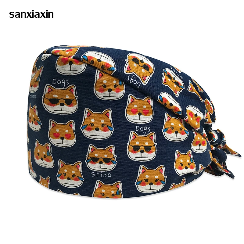 

Scrub Caps for men Women Hospital Medical Hats dog Print in Black Tieback Elastic Section 100% Cotton Surgical Caps New Arrival