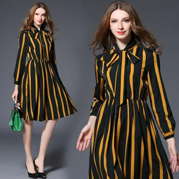 

new european fashion women stripe print chiffon dress lady vestidos spring and autumn long sleeve casual plus size clothes S-XL