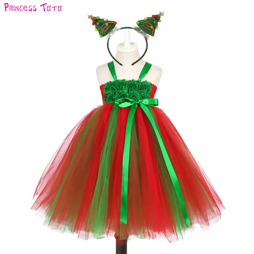 

2018 Winter Christmas Girl Tutu Dress with Hairbands Red Green Children Long Tulle Thanksgiving New Year Party Dresses For Kids