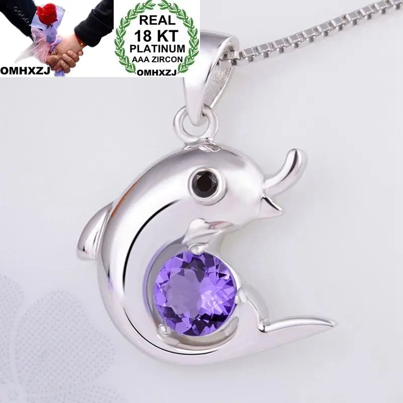 

OMHXZJ Wholesale European Fashion Woman Girl Party Wedding Gift Amethyst AAA Zircon 18KT White Gold Necklace Pendant Charm CA254