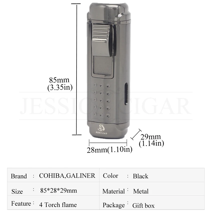 COHIBA многоразовые газовые зажигалки с бутаном 4 фонарь, металлическая сигаретная зажигалка, струйный огонь, фонарь с сигарой, подарочная коробка