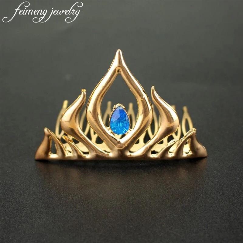 

feimeng jewelry Beauty Princess Elsa Crown Charm Golden Blue Crystal Tiaras Hair Combs Women Fashion Luxury Accessories