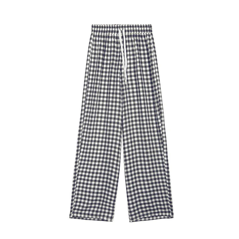 Summer Plaid Straight Trousers Women Casual Full Length Drawstring Loose Korean Pants High Waist Women Clothes 2019 new 89387 Summer Plaid Straight Trousers Women Casual Full Length Drawstring Loose Korean Pants High Waist Women Clothes 2019 new 89387
