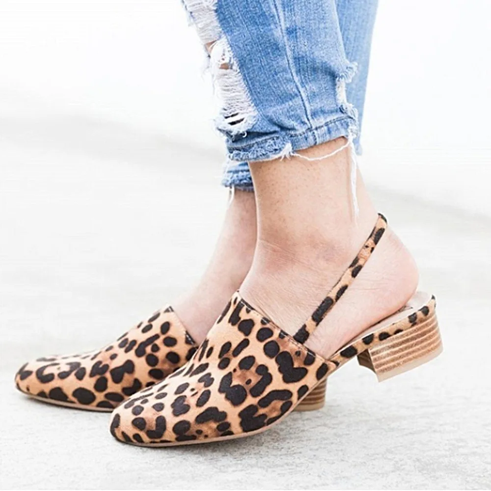 

SLHJC Women Spring Summer Pumps Med Chunky Block Heel Leather Sandals Closed Round Toe Plus Size Leopard Square Heels Shoes