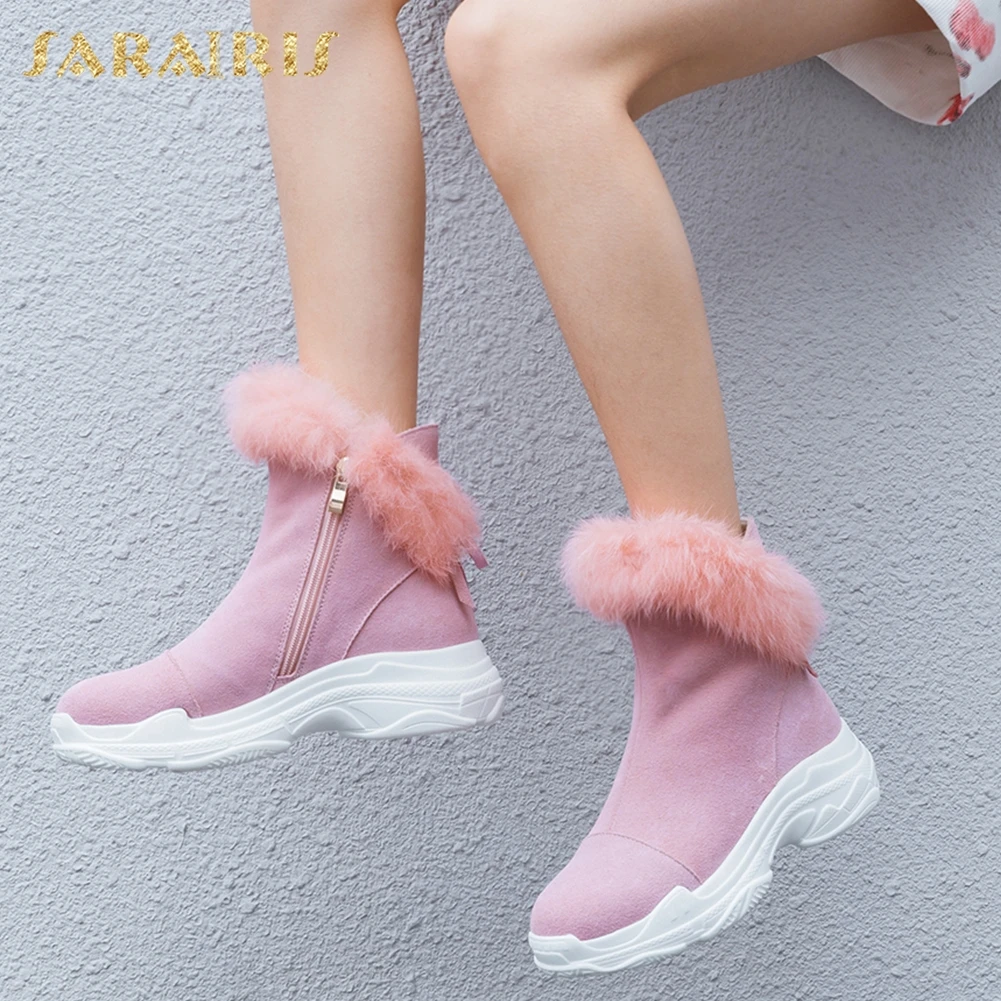 

SARAIRIS new arrivals Cow Suede Leather Warm Fur Russia Winter Snow Boots Women Shoes Platform Ankle Boots Shoes Footwear