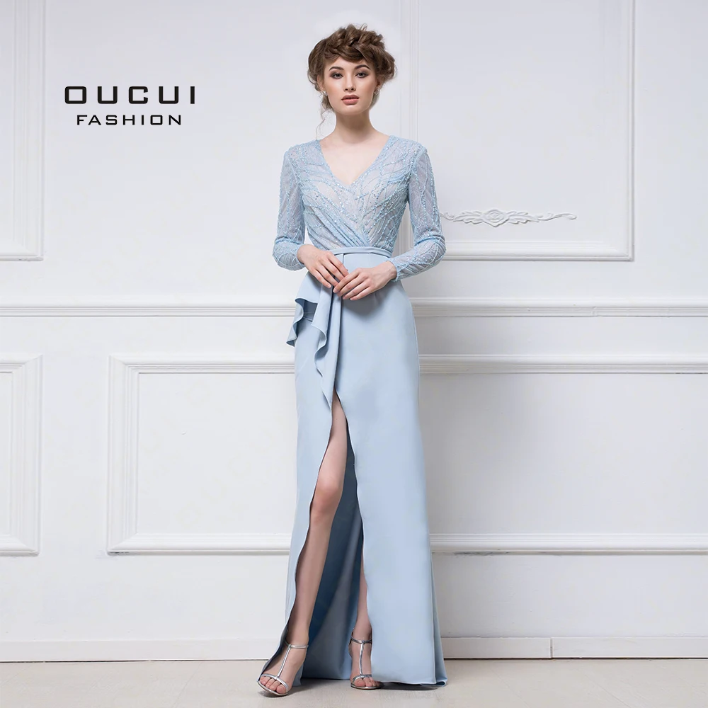 

Real Photos Long Sleeves lace Evening Gowns 2019 Full Beaded Handmade Elegant High Split Sexy Formal Prom Dresses Abiye OL102983