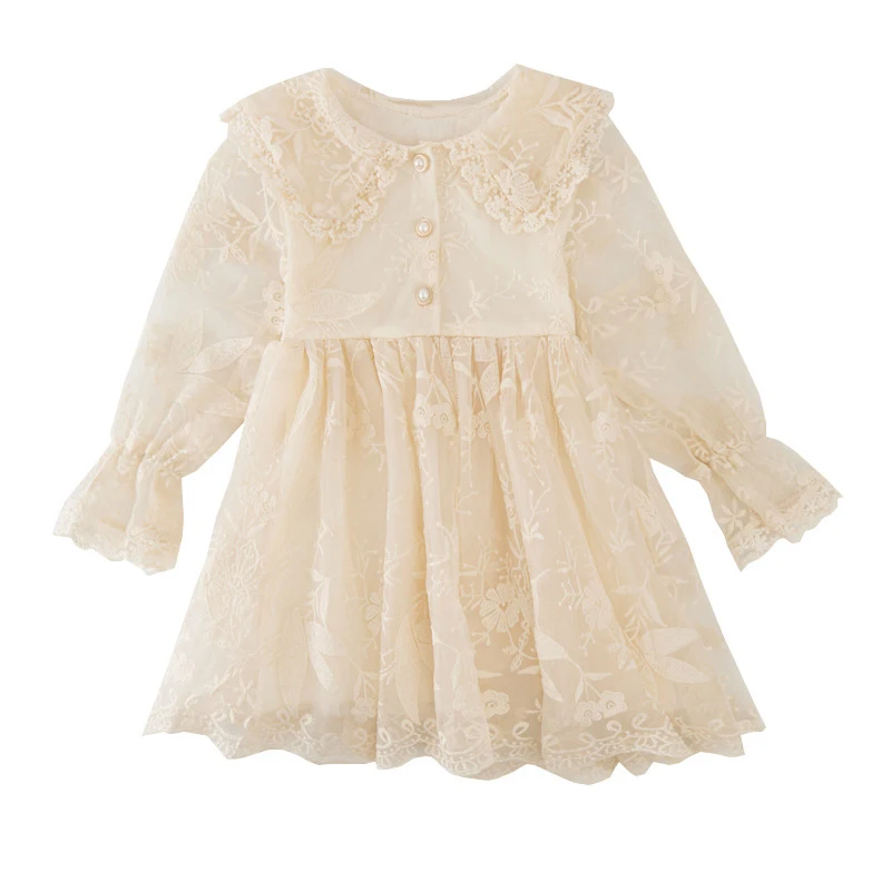 

beige long sleeve lace dress age for 3 - 12 years little girls winter autumn clothes children evening party gowns kid frocks