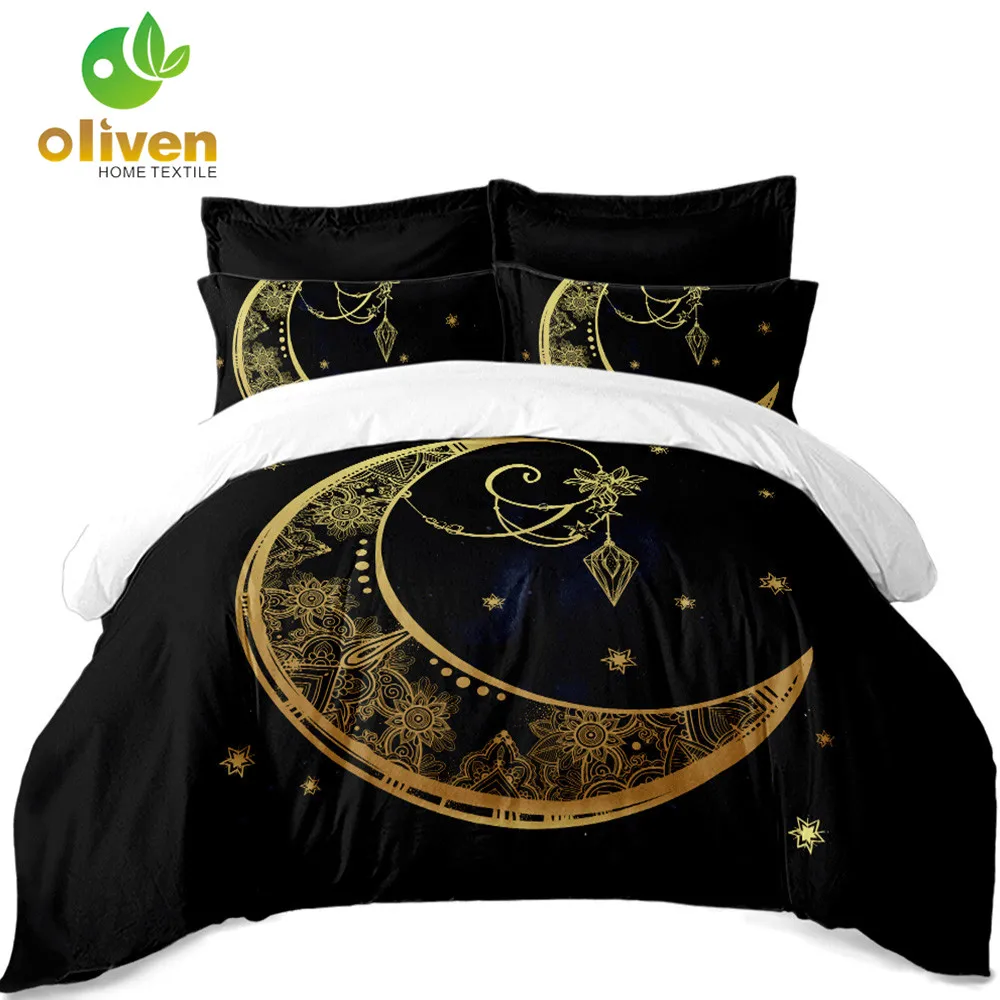 Bohemia Black Bedding Set Golden Elephant Moon Mandala Duvet Cover