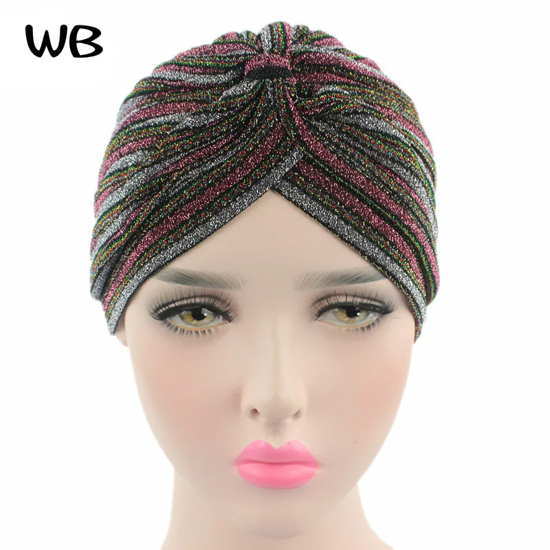 

European and American Autumn Winter Style Women Caps Fashion Lndia gold velvet stripe Cap Lady Muslim Bright Silk Scarf Hat