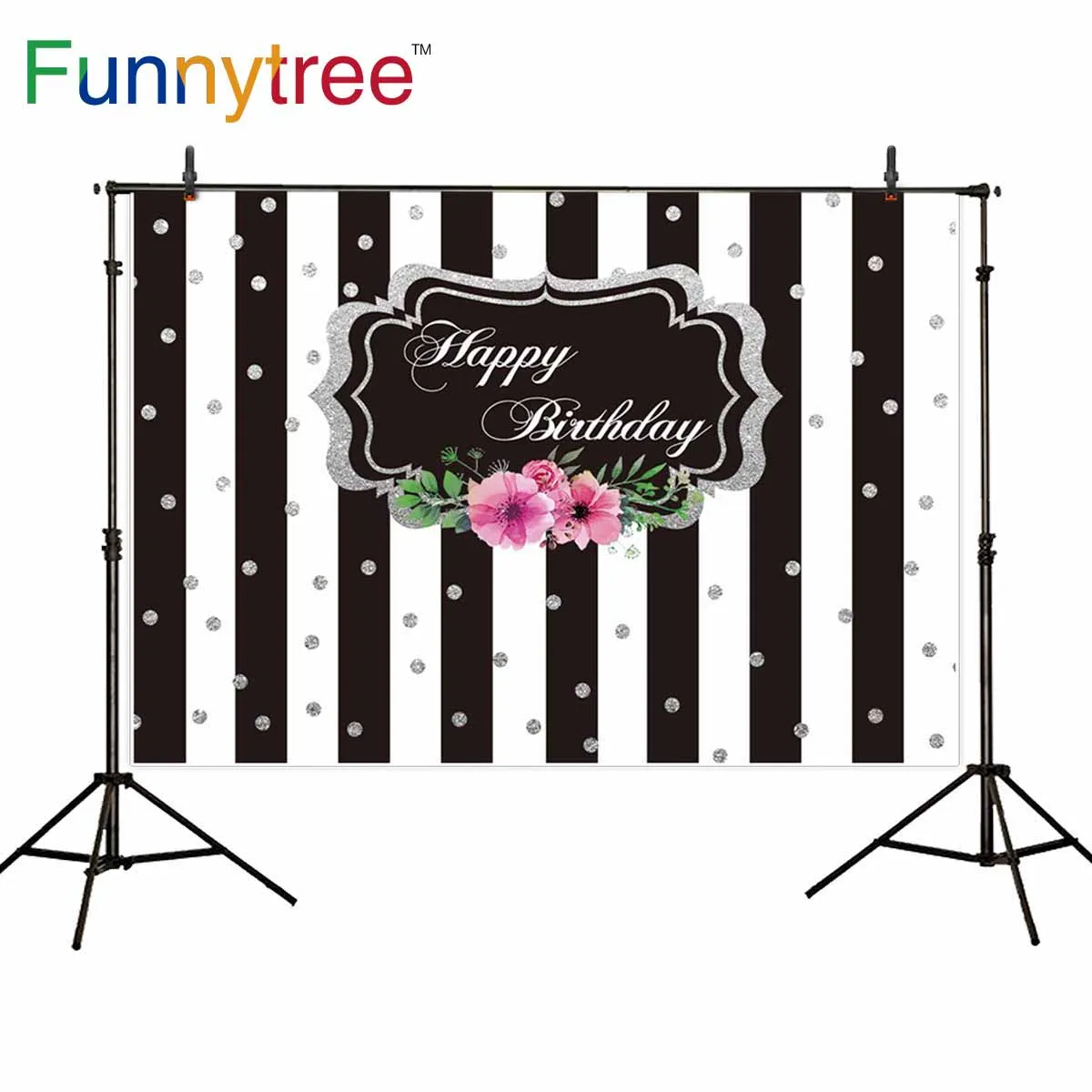 Фон для фотосъемки на день рождения Funnytree черные белые полосы цветы рамка фон