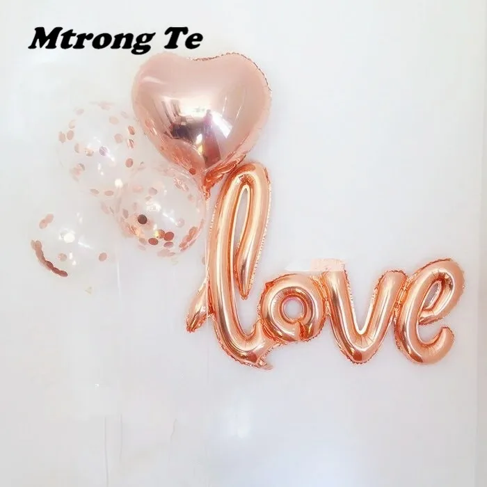

5pcs/lot 108x69cm Link Love Rose Gold Helium Foil Balloon 18inch Heart 12inch Transparent Rose Gold Confetti Latex Air Globos