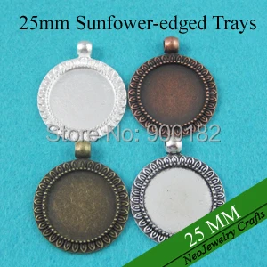 

25mm Round Pendant Setting, Sunflower Edged Cabochon Settings in 4 Mix Colors: Silver,Bronze, Copper and Antique Silver