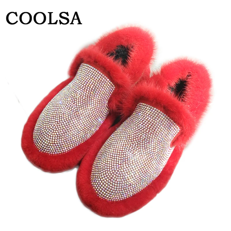 

Fashion Women Boots Fox Fur Snow Boots Wool Ankle Boots Bling Rhinestone Soft Plush Slip On Lady Winter Warm Luxury Mink Booties