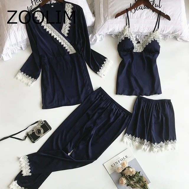 2018 Autumn Winter Women Pajamas Sets 4 Pieces Fashion Spaghetti Strap Satin Sleepwear Female Silk Home Wear Sexy Lace Pijama
