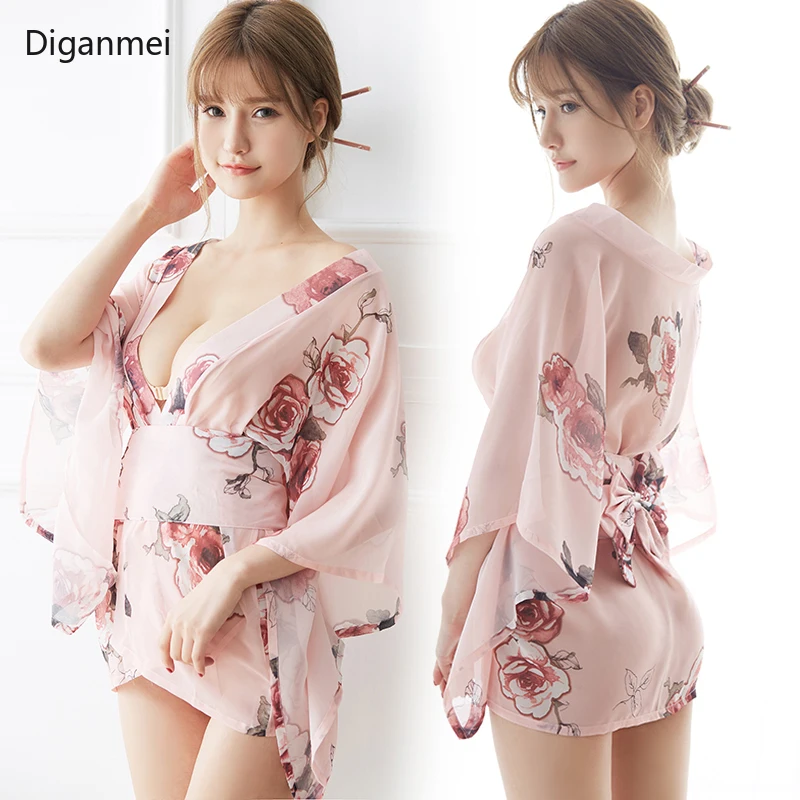 Pink sexy perspective kimonos clothing dress Japan style cosplay Japanese traditional kimono woman bathrobe geisha clothing