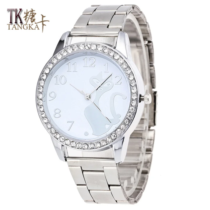 

Fashion Luxury Brand crystal cat Wristwatches Women Stainless Steel Band Women Dress Watches Women Quartz-Watch Relogio Feminino