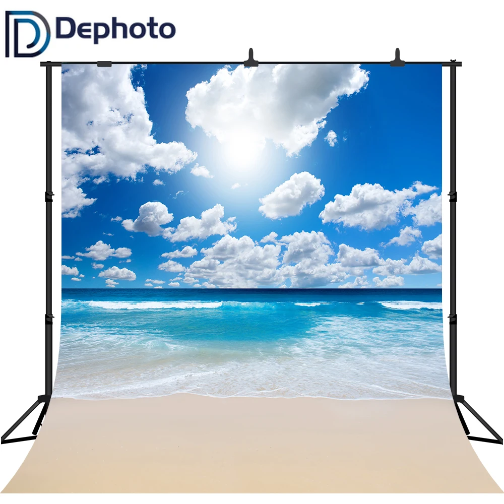 

DePhoto Sandy Beach Summer Photography Backdrops Blue Sky and Sea Photo Booth Backgrounds Studio Sun Cloud Backdrop