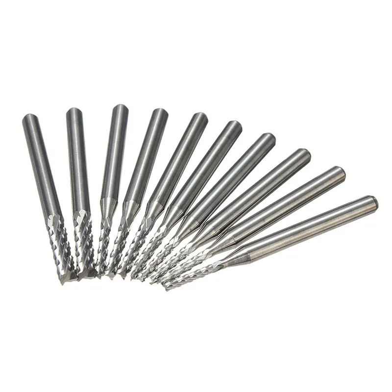 

Brand New Drill Bit 10pcs Carbide 1.5mm-3.175mm End Mill Engraving Bits Milling Cutters For Wood CNC Rotary Burrs Set
