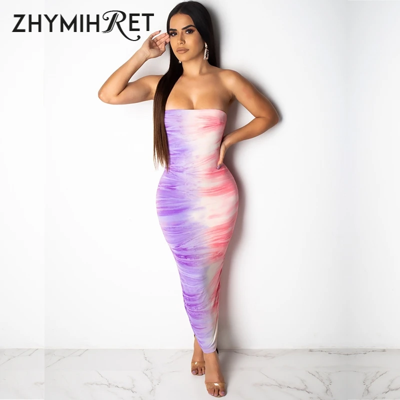 

ZHYMIHRET Sexy Tie Dye Tube Dress Women Elegant Long 2019 Summer Beach Strapless Bandage Dress Bodycon Party Vestidos Robe Femme