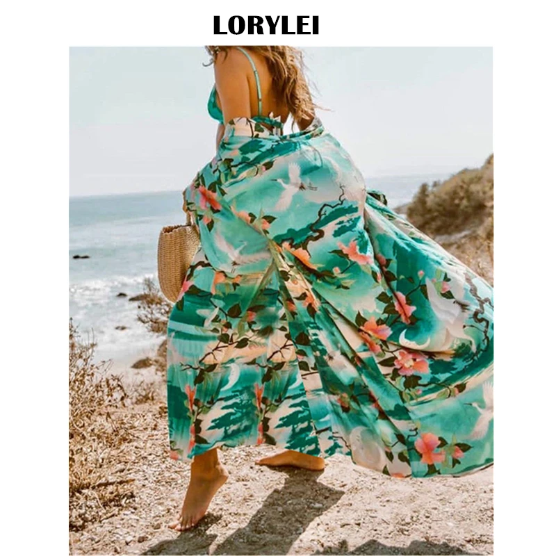 2019 Green Bohemian Printed Women Summer Beach Wear Bikini Wrap Dress