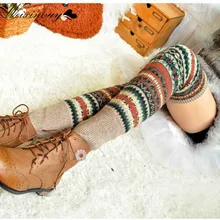WEIXINBUY Women Winter Elegant Over Knee Long Knit cover Patchwork Colorful Ladies Crochet Vintage Leg Warmers Legging Chic