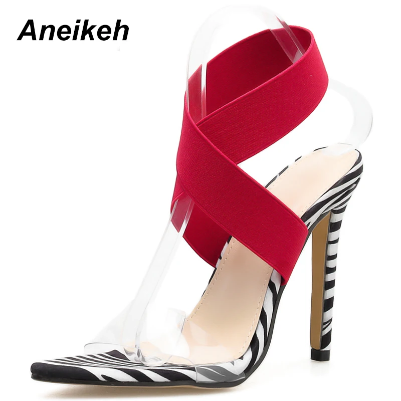 

Aneikeh NEW 2019 Summer Sexy Women Sandals Leopard Print Shoes Thin High Heels Open toe Ankle Strap Gladiator Pumps Dress Shoes