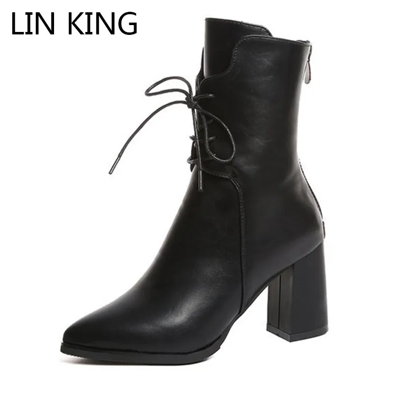 

LIN KING Vintage Cross Tie Women Winter Martin Boots Lace Up Pu Pointed Toe Motorcycle Shoes Warm Plush High Heel Platform Shoes