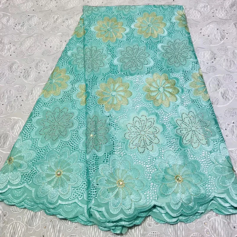 

Free shipping 5yards/pc) high quality mint green African Swiss voile lace fabric with embroidery and stones for dress CLP340