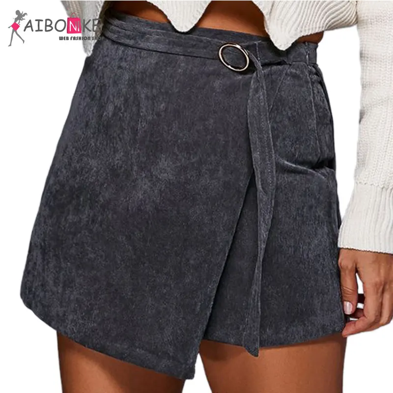 2017 Fashion Spring Summer Wrap Skirt Asymmetrical Suede Skirt Women Solid Dark Grey Skirts