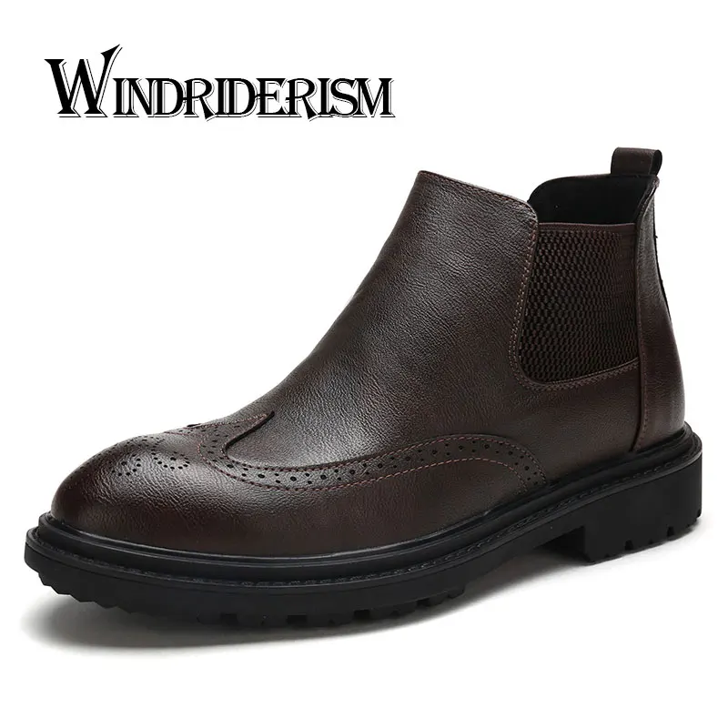 

WINDRIDERISM New Arrival Bullock Men Ankle Boots Patent Leather Slip on Casual Short Men Boots Spring Autumn Winter Botas Hombre